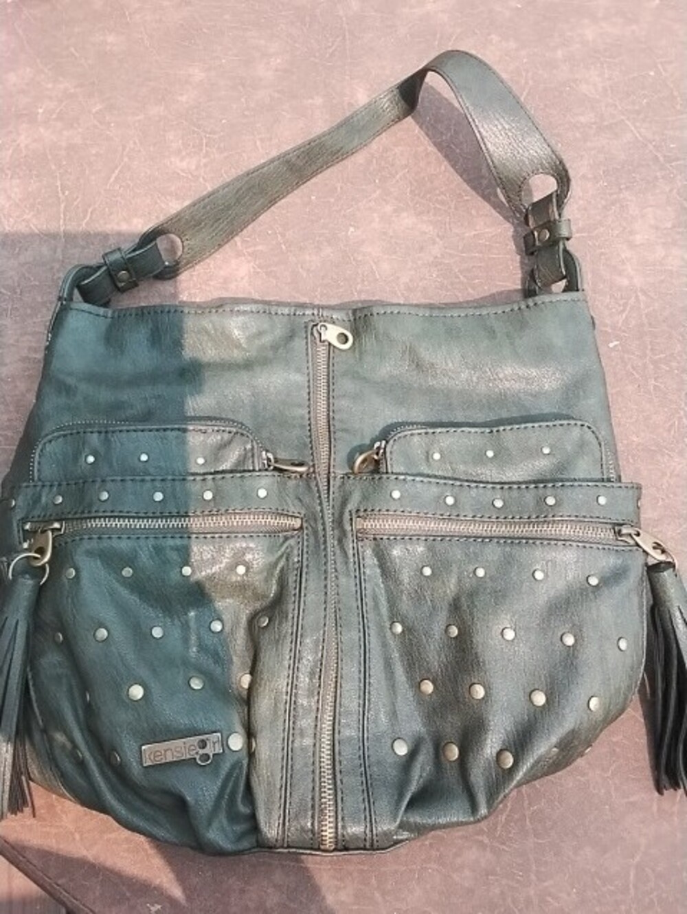 Olive Green Studded Leather Hobo Shoulder Bag - Women